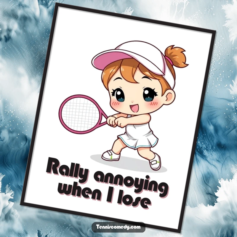Funny Free Printable Wall Art: A character comically smashing a tennis racket, capturing the dramatic and humorous side of sports.