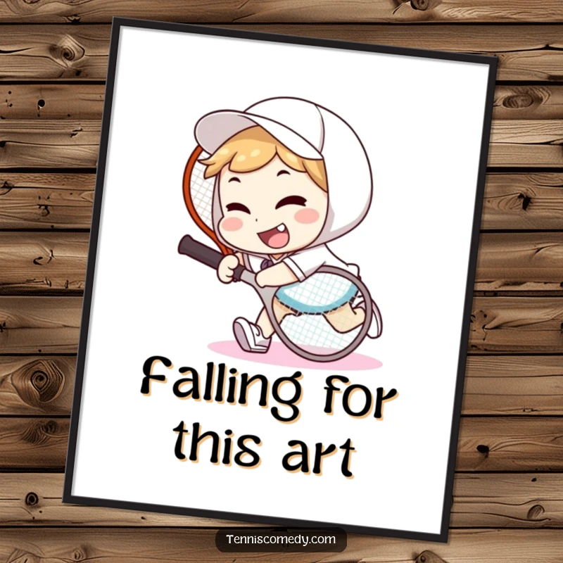 Funny Free Printable Wall Art: Character playfully tripping over a tennis racket with a goofy smile, a hilarious downloadable decor.