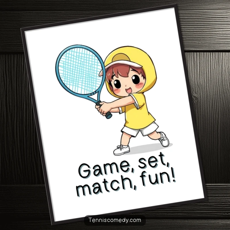 Funny Free Printable Tennis Wall Art: Comical character comically swings a giant tennis racket with great effort and humor.