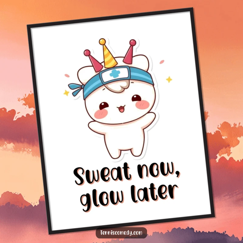 Funny Free Printable Wall Art: Kawaii tennis character wearing a sweatband, celebrating with energetic joy, a humorous downloadable art piece.