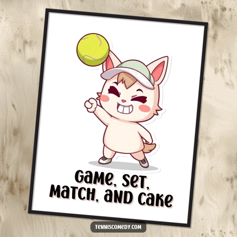 Funny Free Printable Wall Art: Tennis Character with Grin Serving Ball with Gusto - Energetic Sports Decor.