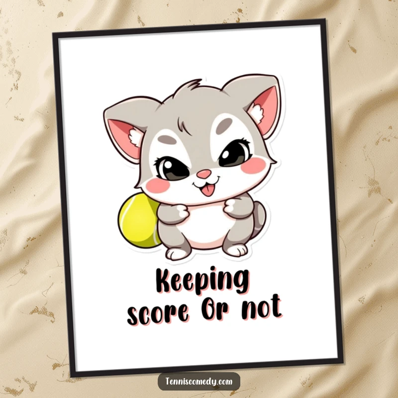 Funny Free Printable Wall Art: A cartoon character slyly hiding a tennis ball, bringing playful mischief to any room.