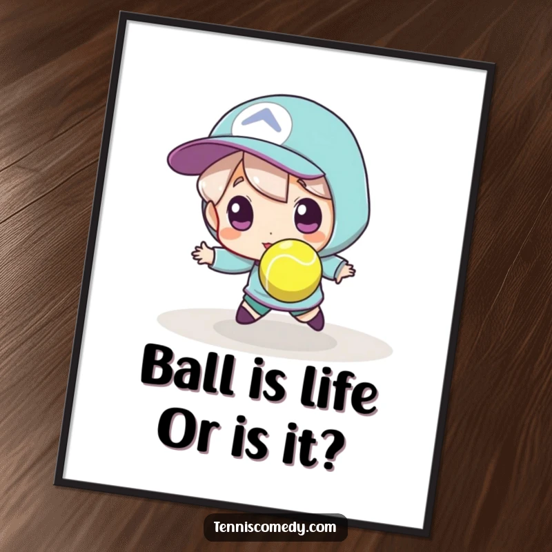 Funny Free Printable Wall Art: A character in a comical pose, desperately trying to grab a ridiculously small, fast tennis ball.