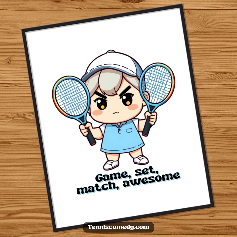 Funny Free Printable Wall Art featuring a determined kawaii character holding two tennis rackets, ready to play.
