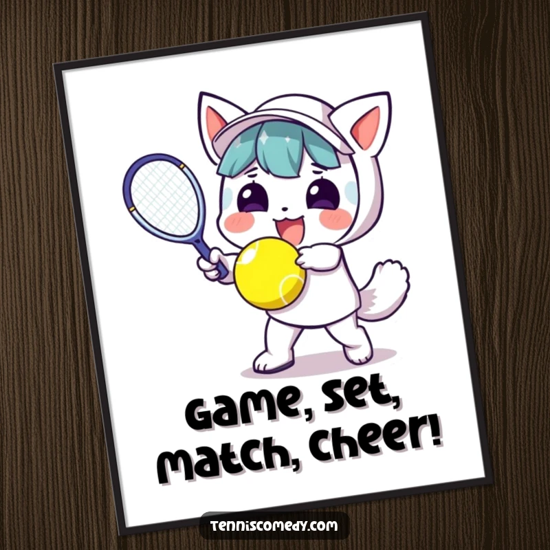Funny Free Printable Wall Art: A cute kawaii character joyfully smashing a tennis ball, ready to add cheer.