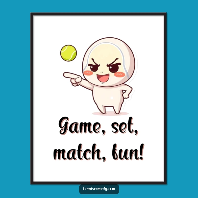 Free Printable Wall Art: Funny Tennis Character, Mischievous Grin, Downloadable Humor Decor