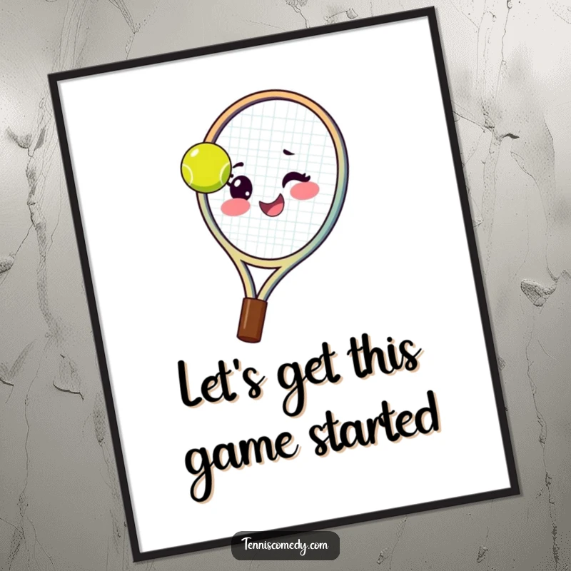 Funny Free Printable Wall Art: A tennis racket humorously spins a ball on its strings, giving a cheeky wink.