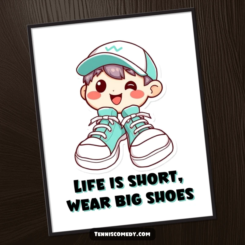 Funny Free Printable Wall Art: Kawaii character grinning, wearing enormous tennis shoes, ready for action.