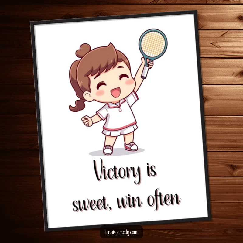 Funny Free Printable Wall Art: Tennis character triumphantly raising a tiny racquet after winning a point on the court.