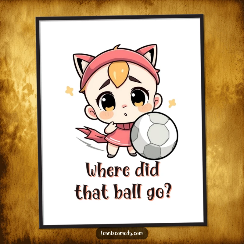 Funny Free Printable Wall Art: Cute character looking confused by a blur of a fast tennis ball, humorous wall decor.