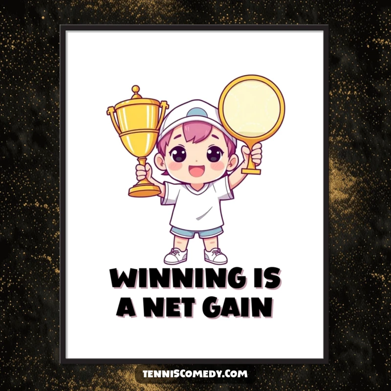 Funny Free Printable Wall Art: A character stands tall, triumphantly hoisting a ridiculously large tennis trophy, celebrating a monumental achievement.