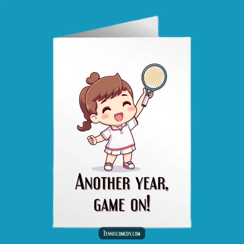 Free Printable Funny Tennis Birthday Card: Victorious Character Serving Joy