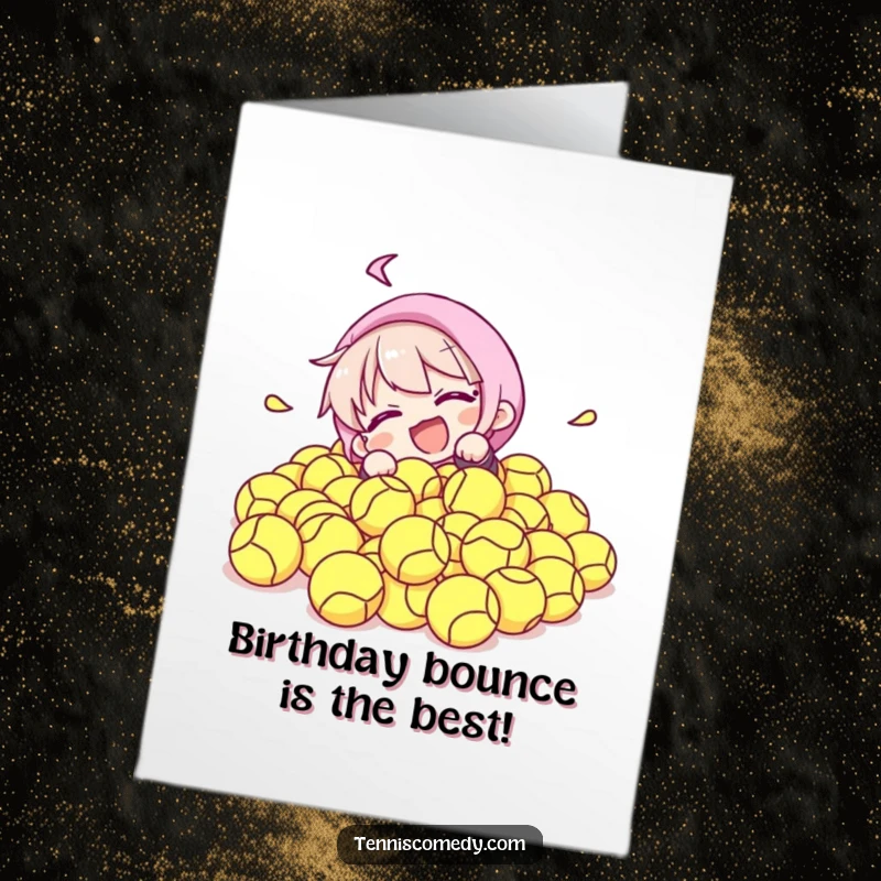 Funny Free Printable Birthday Card: Tennis character comically tumbles into a huge pile of tennis balls, a funny mishap.