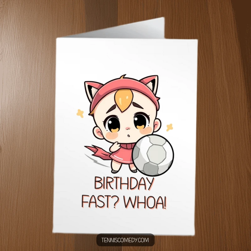 Funny Free Printable Birthday Card: Cute character looks utterly confused by a super-fast tennis ball, perfect for birthdays.