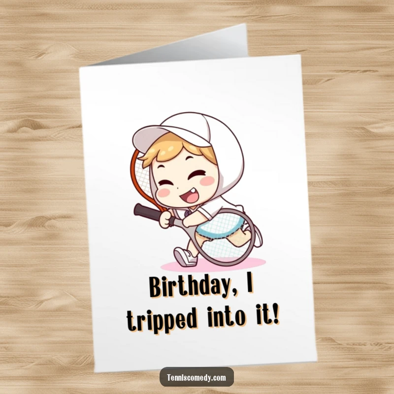 Funny Free Printable Birthday Card: Character tripping over a tennis racket, goofy smile, a laughably clumsy birthday wish.