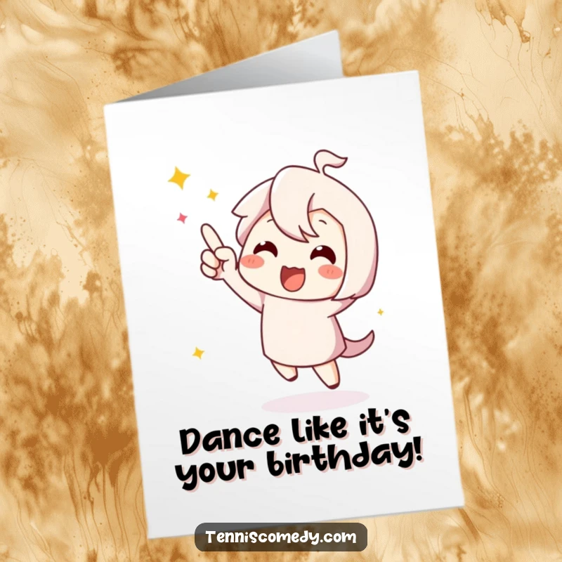 Funny Free Printable Birthday Card: A cute character doing a triumphant happy dance after scoring a point, full of joy.