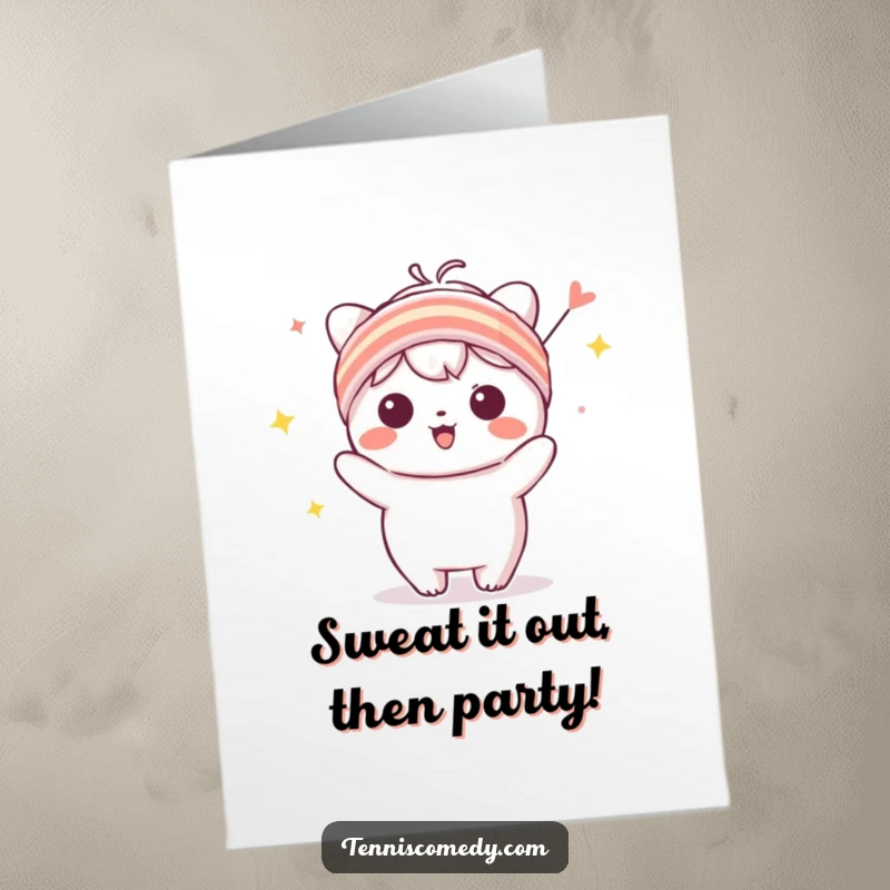 Funny Free Printable Birthday Card: Kawaii character in a sweatband celebrating joyfully for your birthday.