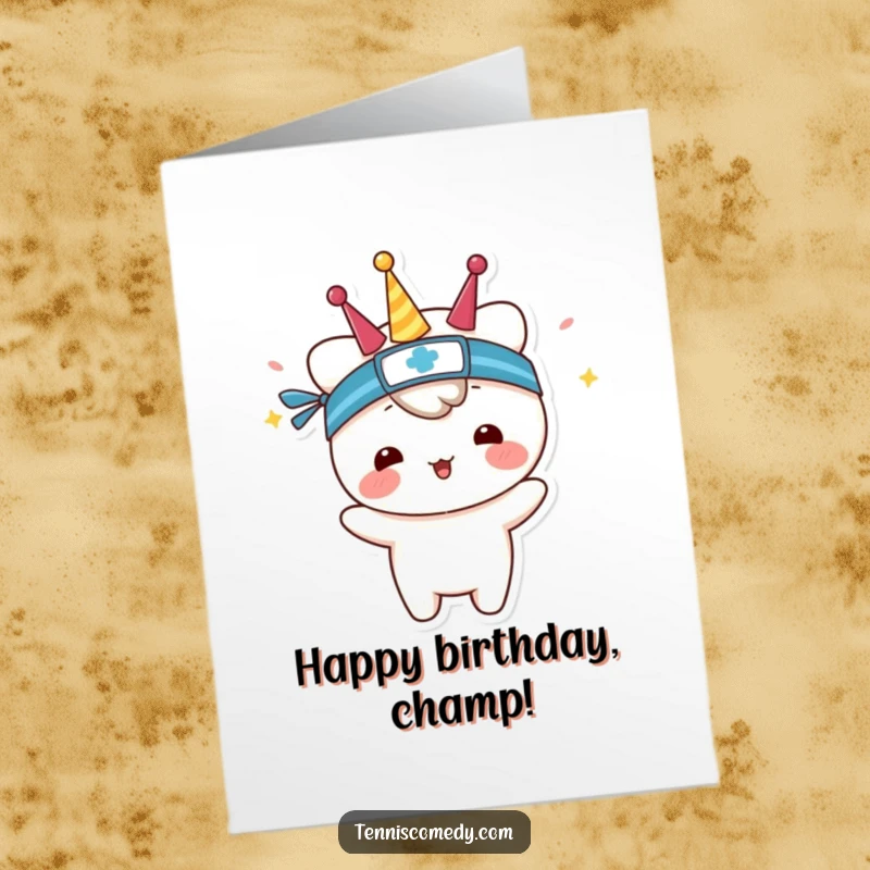 Funny Free Printable Birthday Card: Kawaii tennis character wearing a sweatband, gleefully celebrating a birthday win, perfect DIY greeting.