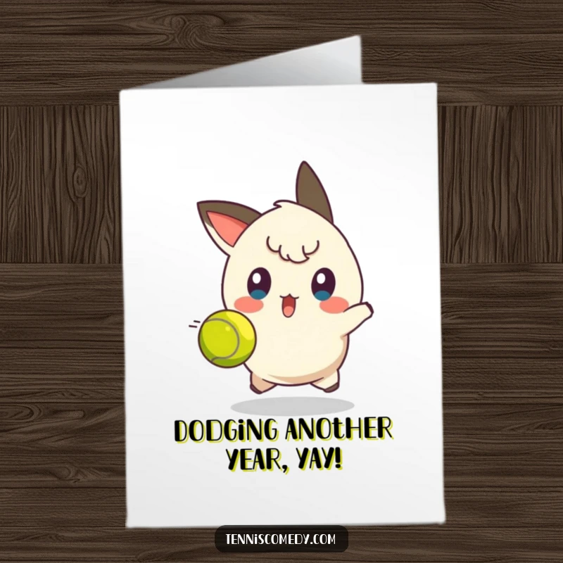 Funny Free Printable Birthday Card: Character surprised, eyes wide, dodging a fast tennis ball, a chaotic birthday wish.
