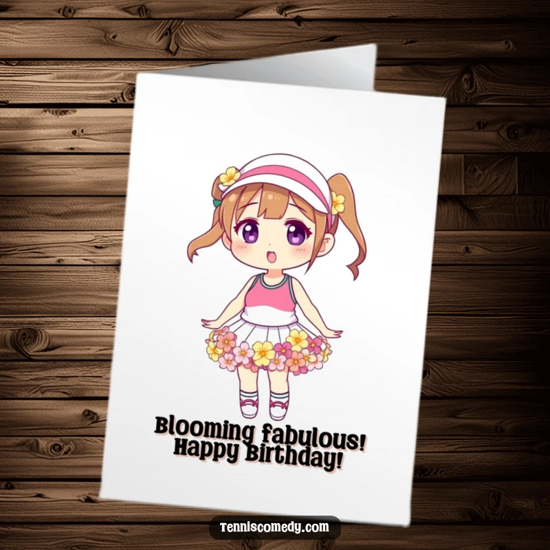 Funny Free Printable Birthday Card: A cheerful character sporting a vibrant tennis skirt creatively fashioned from fresh flowers.