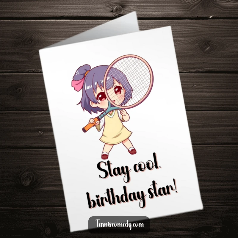 Funny Free Printable Birthday Card: A character comically wields a tennis racket like an oversized fan to cool off.