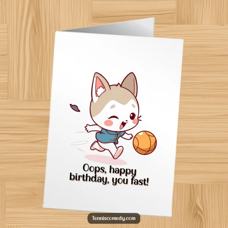 Funny Free Printable Birthday Card featuring a cute character hilariously tripping while chasing a speedy ball, perfect for laughs.