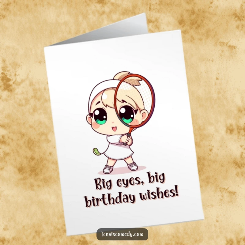 Funny Free Printable birthday card: a character with huge eyes playfully swings a tennis racket, ready to hit a ball.