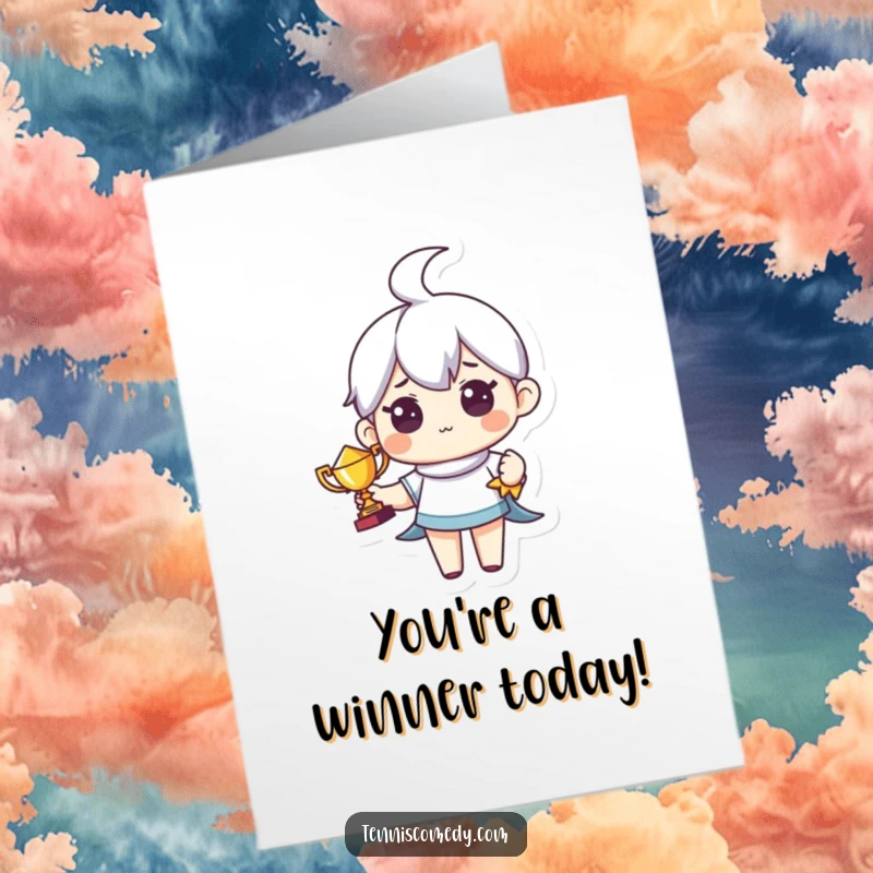 Funny Free Printable Birthday Card: Cute character proudly holds a tiny trophy, celebrating a birthday win.