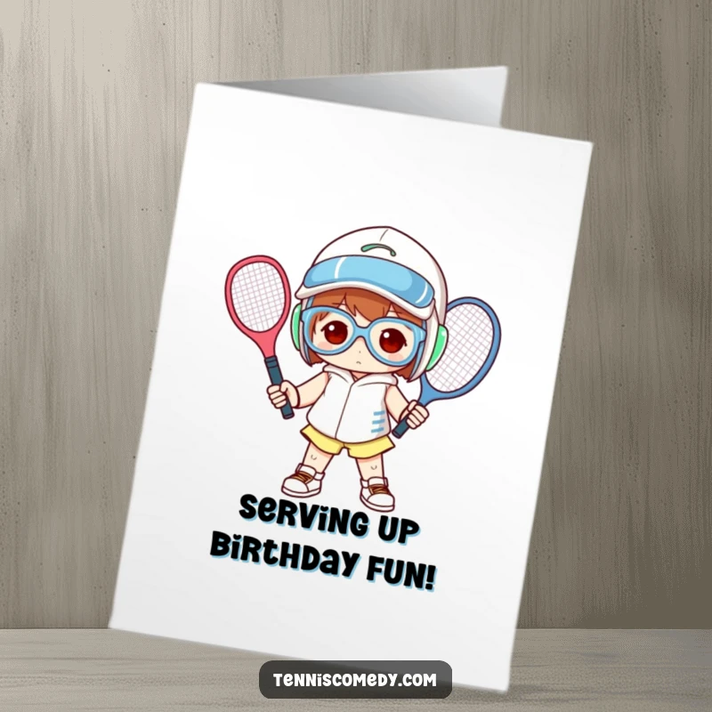 Funny Free Printable Birthday Card: A character in comically large tennis gear strikes a pose, ready to serve up laughs on a special day.