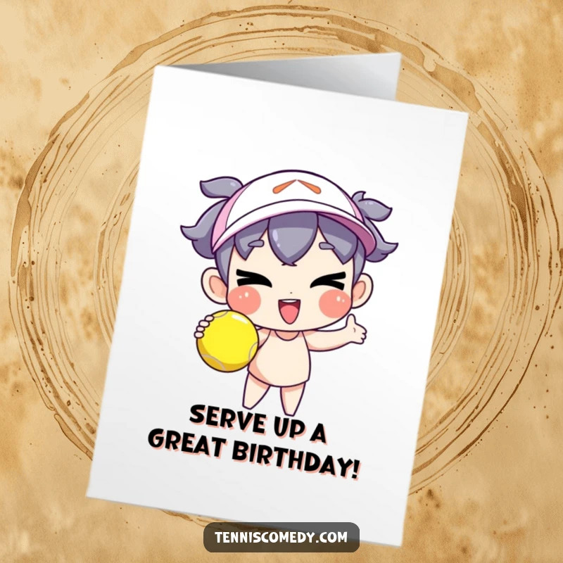 Funny Free Printable Birthday Card: A character serving a tennis ball with a goofy wink, perfect for a humorous birthday greeting.