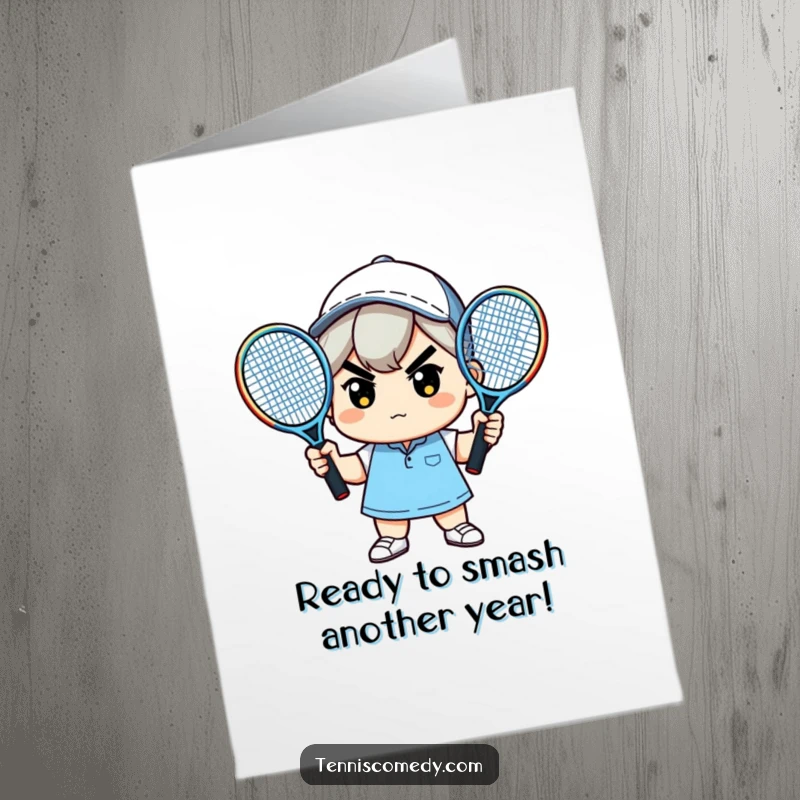 Funny Free Printable Birthday Card featuring a determined kawaii character ready to play tennis with two rackets.