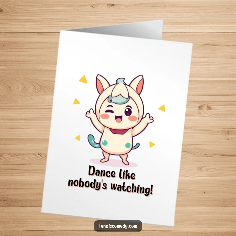 Funny Free Printable Birthday Card: Cute Kawaii character doing a hilarious victory dance, celebrating with pure unadulterated silliness.