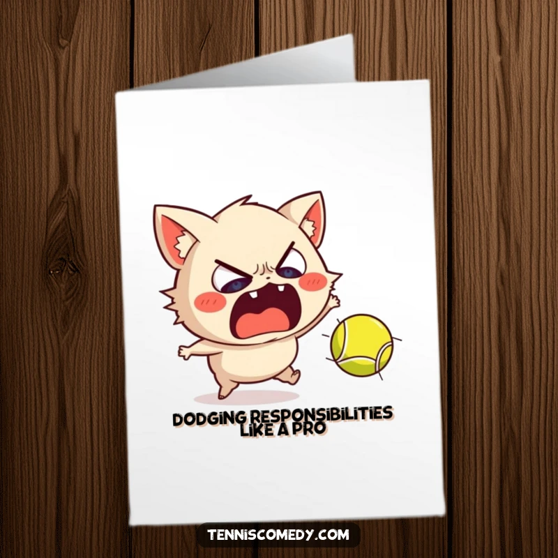 Funny Free Printable Birthday Card: Scared character recoiling dramatically from a fast-moving tennis ball, hilarious reaction.
