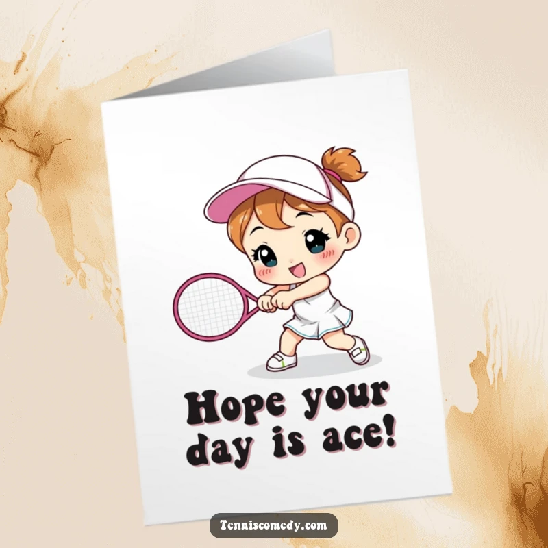 Funny Free Printable Birthday Card: A character comically smashing a tennis racket on the ground in frustration or excitement.