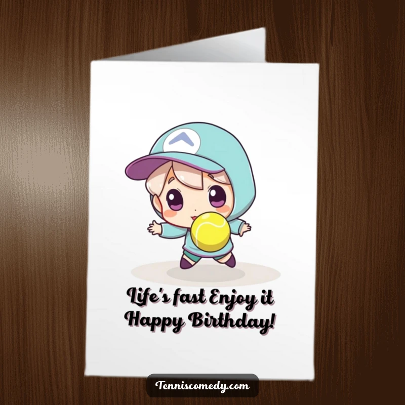 Funny Free Printable Birthday Card: A comedic character lunging desperately after a minuscule, speedy tennis ball on a court.