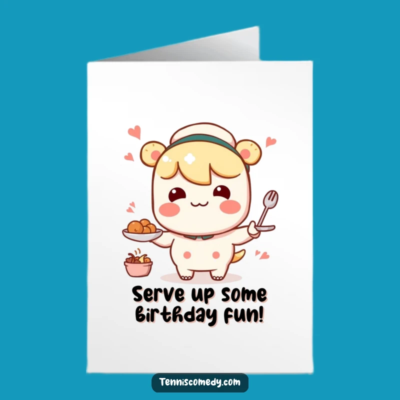 Free Printable Kawaii Wobbly Serve Birthday Card: Funny Character Downloadable Gift