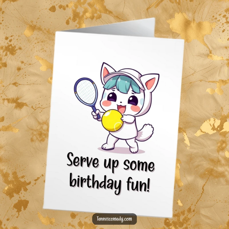 Funny Free Printable Birthday Card: Kawaii character smashing a tennis ball with pure joy, ready to celebrate.