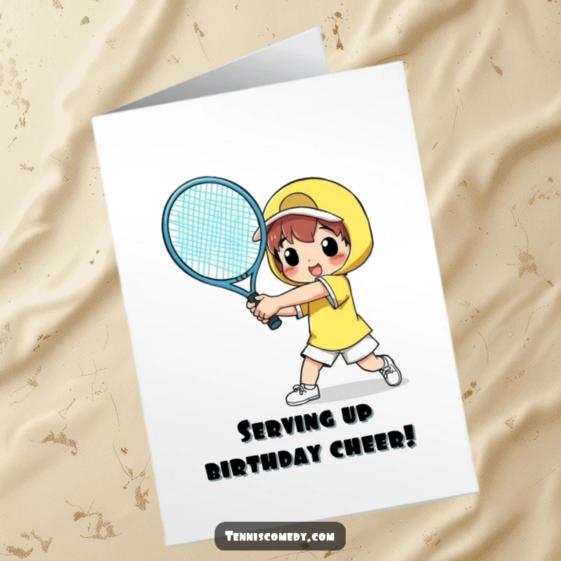 Funny Free Printable Birthday Card: Tennis character with a giant racket swinging wildly at a ball, ready for action.
