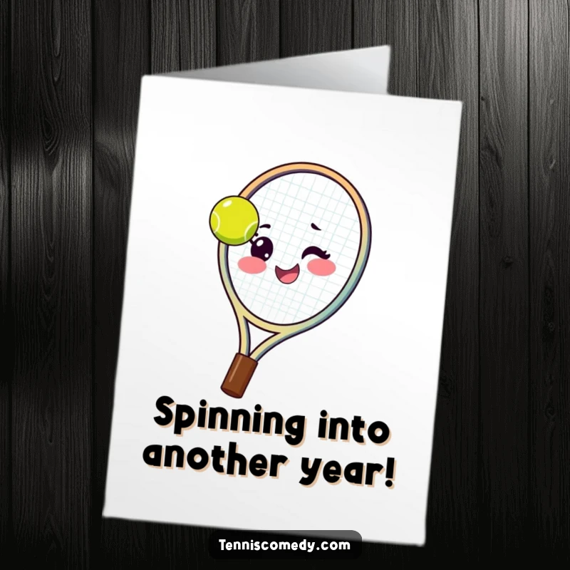 Funny Free Printable Birthday Card: A tennis racket happily spinning a ball on its strings with a playful wink.