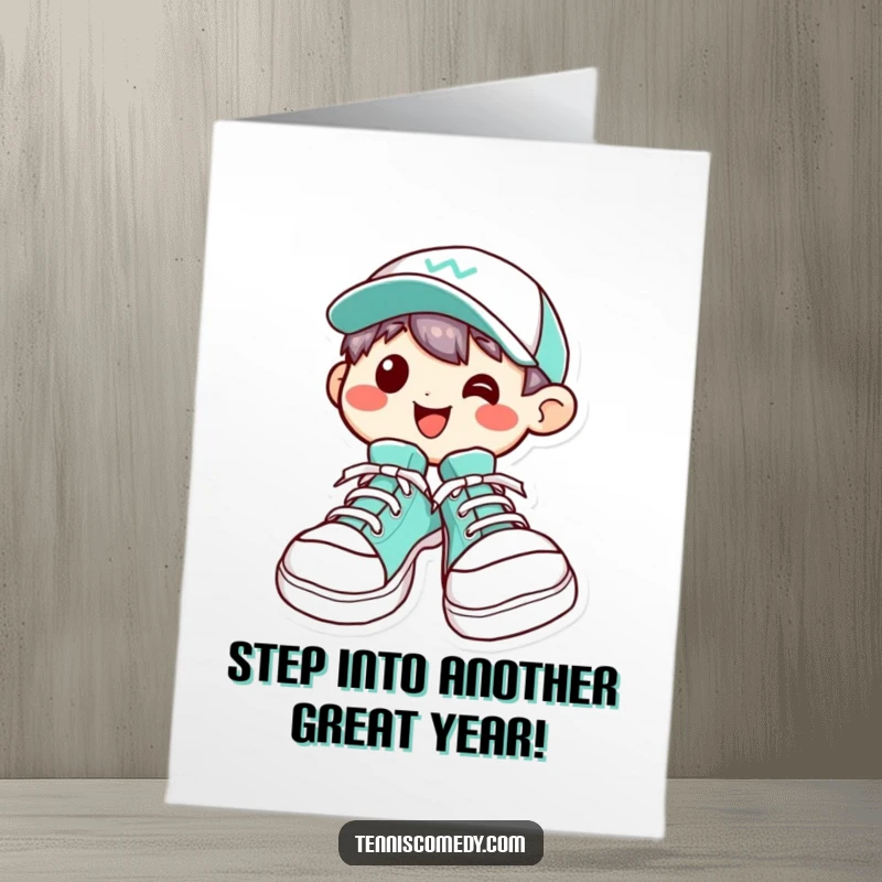 Funny Free Printable Birthday Card: Kawaii character with a wide grin, sporting ridiculously large tennis shoes.