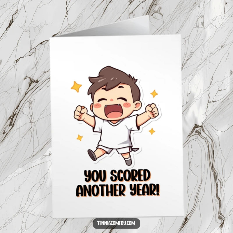 Funny Free Printable Birthday Card: A joyful character celebrates a score with clenched fists, radiating excitement and victory.