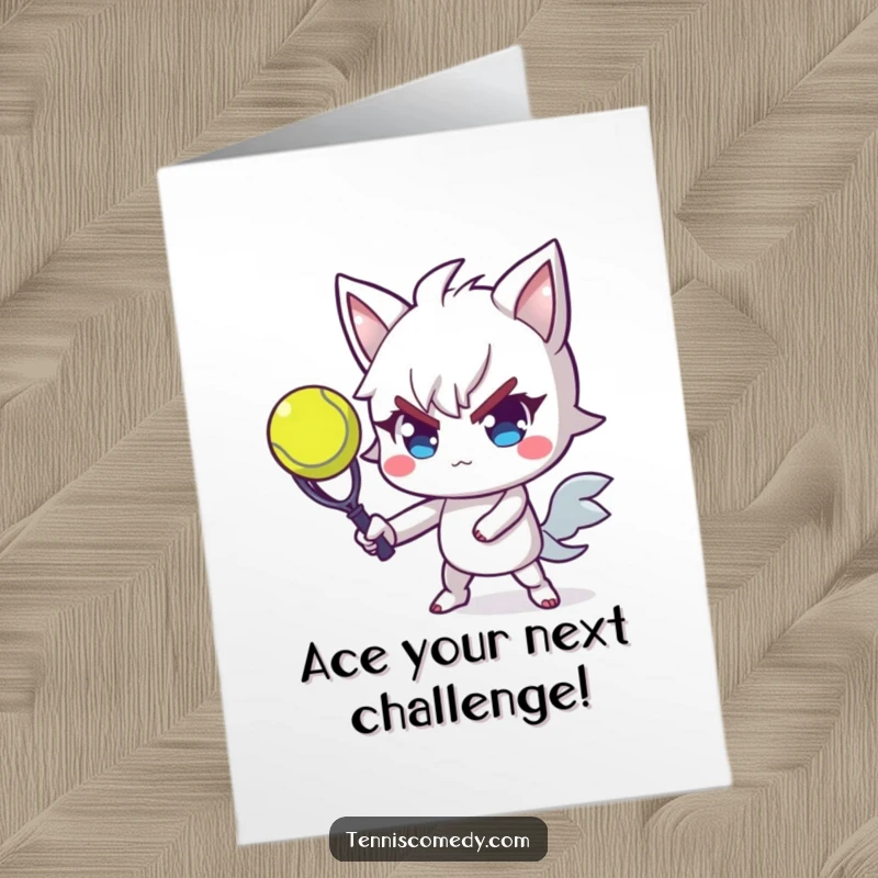 Funny Free Printable Congratulations Card showing a triumphant tennis player serving a ball with swagger and a playful smirk.