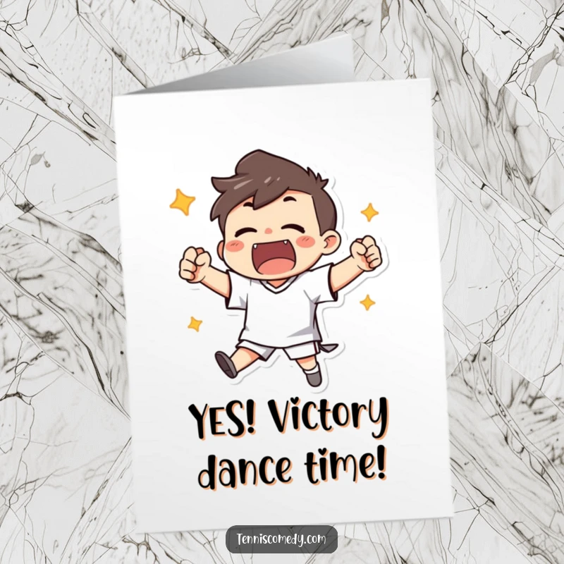 Funny Free Printable Congratulations Card: A character victoriously cheers with clenched fists, celebrating a big score or achievement.
