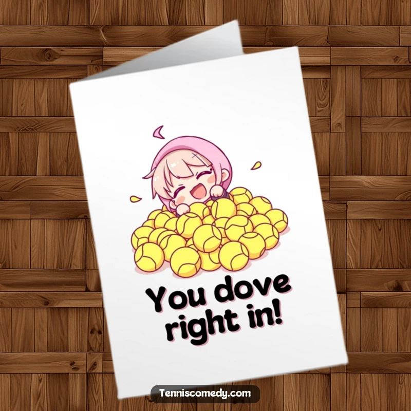 Funny Free Printable Congrats Card: Tennis character comically tumbles into a pile of tennis balls, a humorous win celebration.