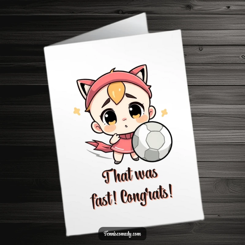 Funny Free Printable Congrats Card: Cute character looking bewildered by a blur of a fast tennis ball, celebrating.