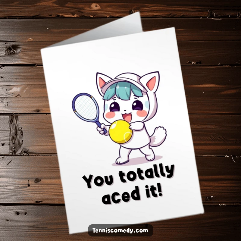 Funny Free Printable Congratulations Card: Kawaii character hitting a tennis ball with triumphant energy after a big win.
