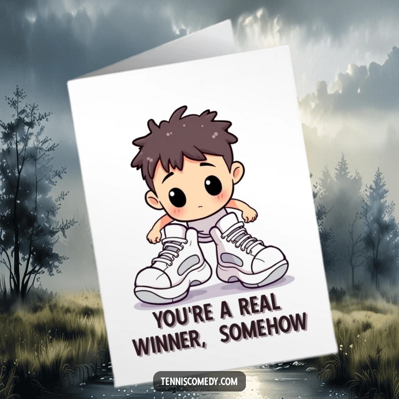 Funny Free Printable Congratulations Card: Character wearing oversized tennis shoes, comically stumbling on a tennis court, celebrating.