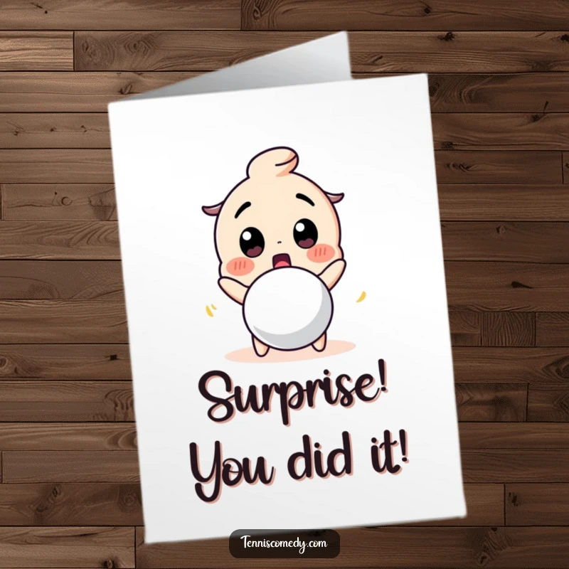 Funny Free Printable Congrats Card: Cute character looks utterly surprised by a bouncing tennis ball, celebrating success.