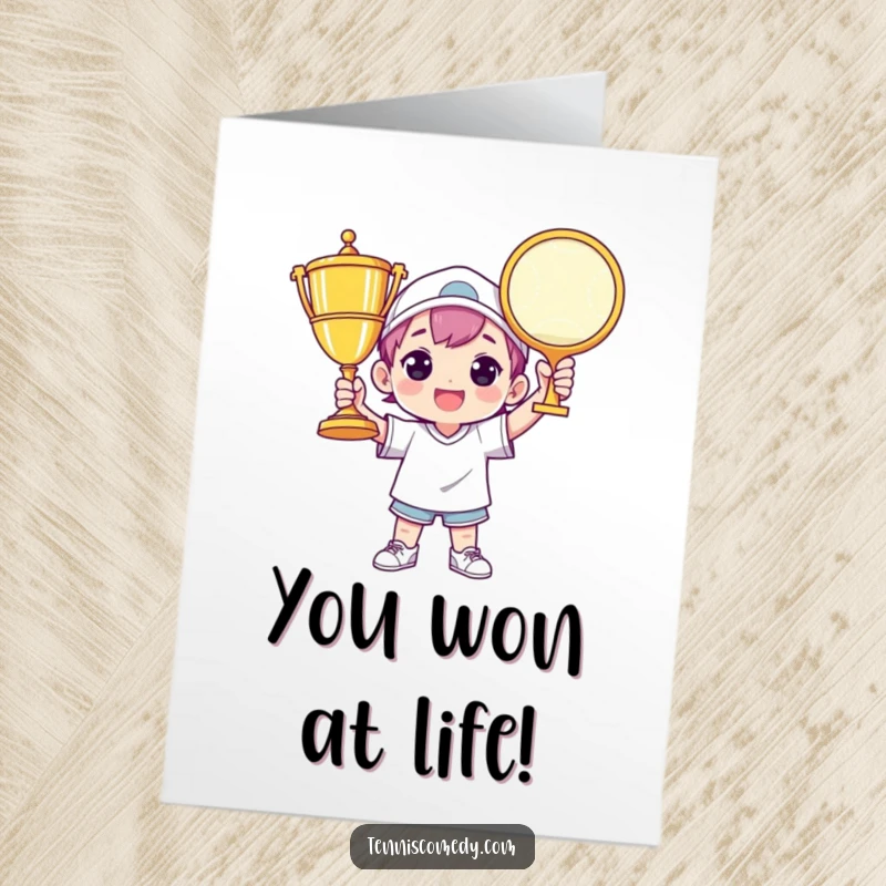 Funny Free Printable Congratulations Card: A character joyfully clutches a massive tennis trophy, celebrating a spectacular victory in style.
