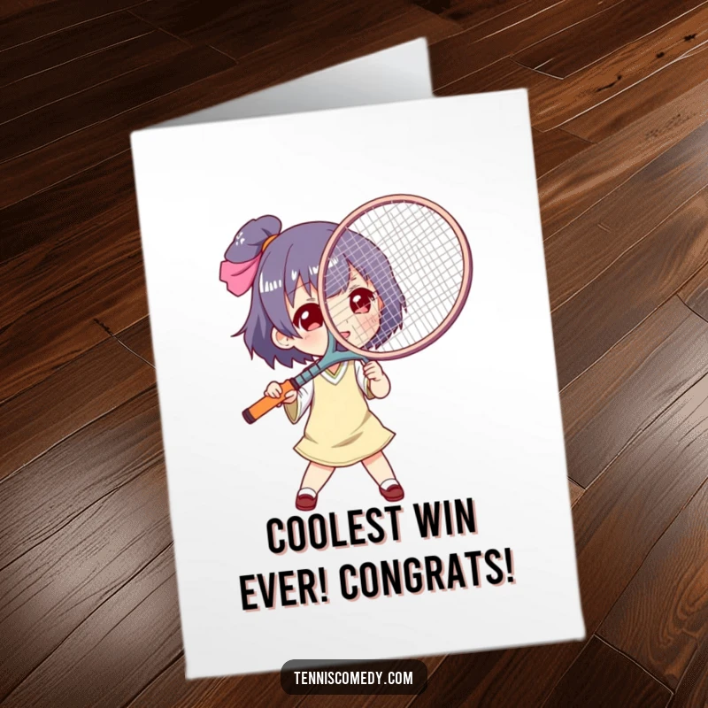 Funny Free Printable Congratulations Card: A character joyfully uses a tennis racket as a massive fan to celebrate a win.